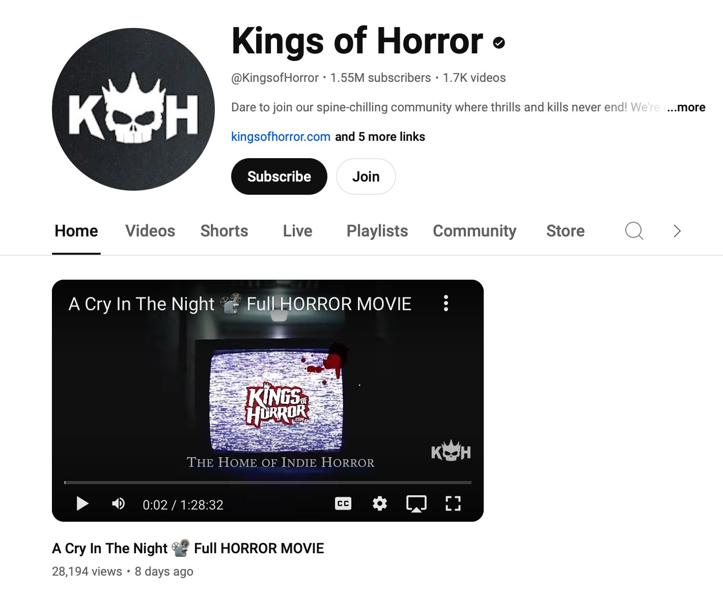 Ảnh chụp màn hình kênh YouTube Kings of Horror với bộ phim kinh dị đầy đủ A Cry In The Night