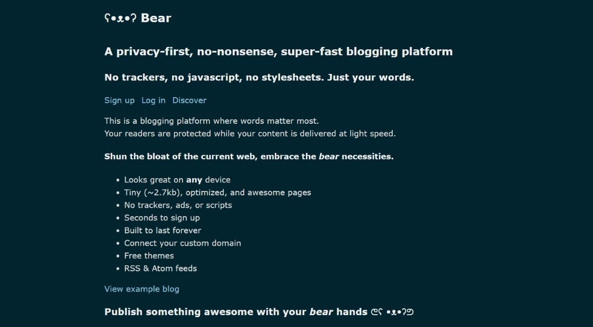 Ảnh chụp màn hình trang chủ nền tảng blog Bear