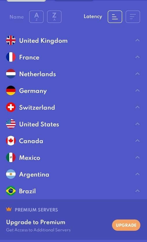 Ảnh chụp màn hình trang vị trí máy chủ của ứng dụng PrivadoVPN