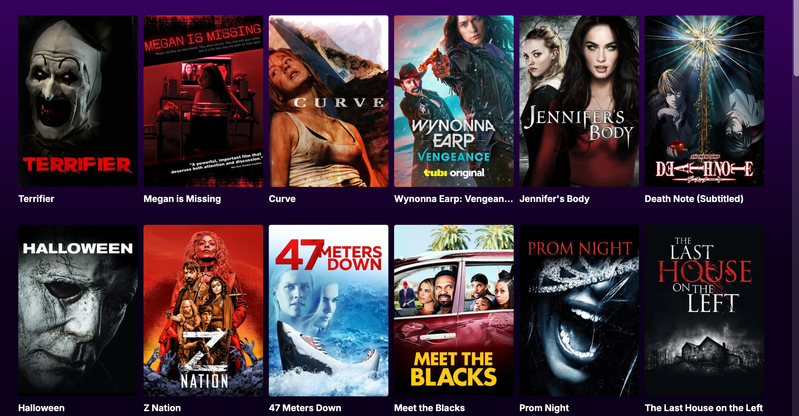 Ảnh chụp màn hình Tubi TV với các bộ phim kinh dị bao gồm Terrifier, Halloween (2018) và Jennifer