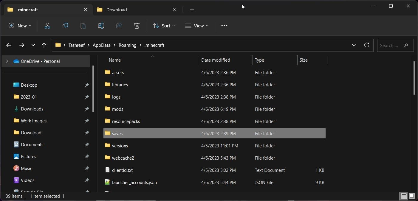 Ảnh minh họa thư mục saves của Minecraft trên Windows File Explorer
