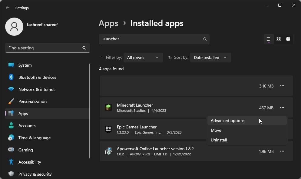 Ảnh minh họa tùy chọn nâng cao của Minecraft Launcher trên Windows 11