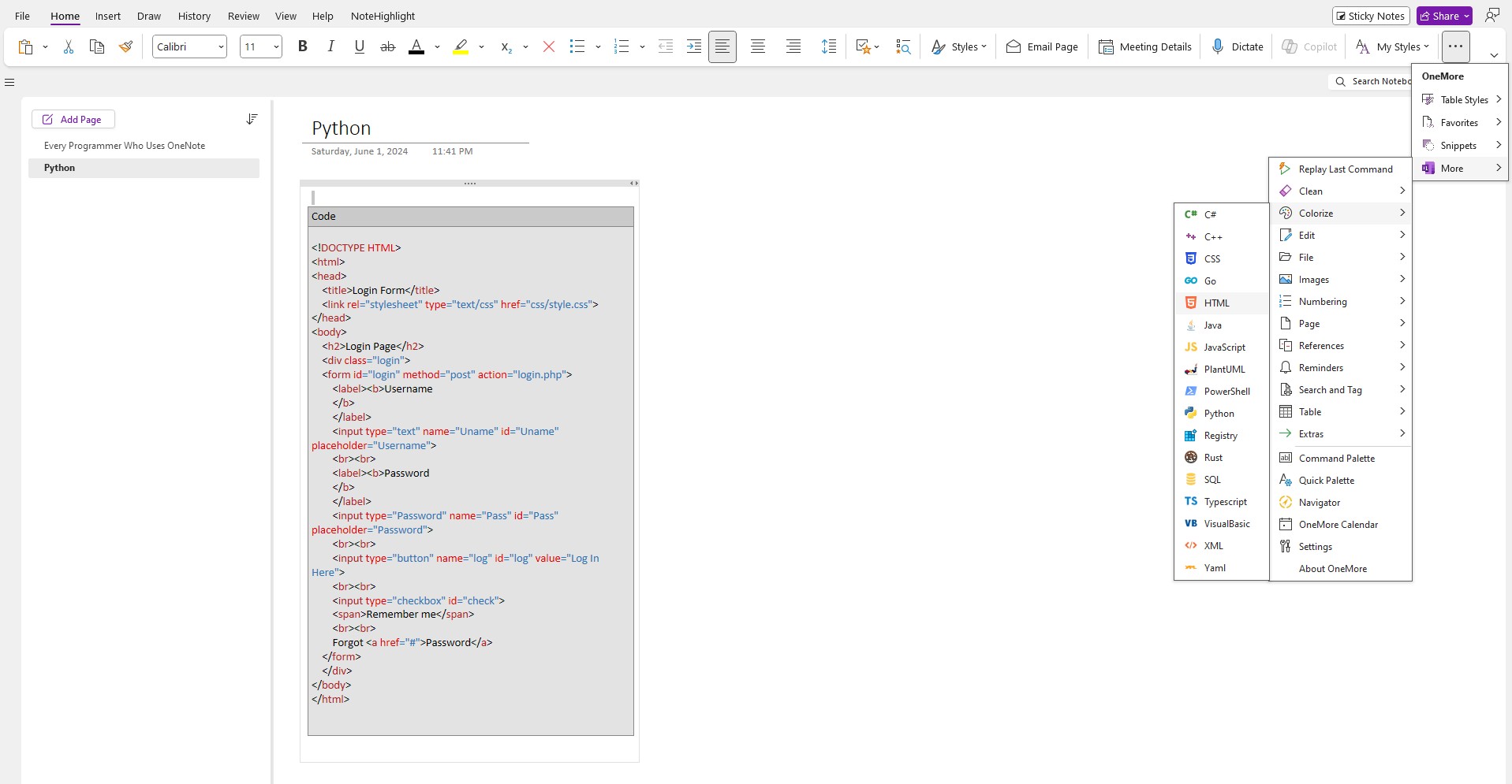 Áp dụng màu sắc dựa trên ngôn ngữ cho đoạn mã với OneMore trong OneNote