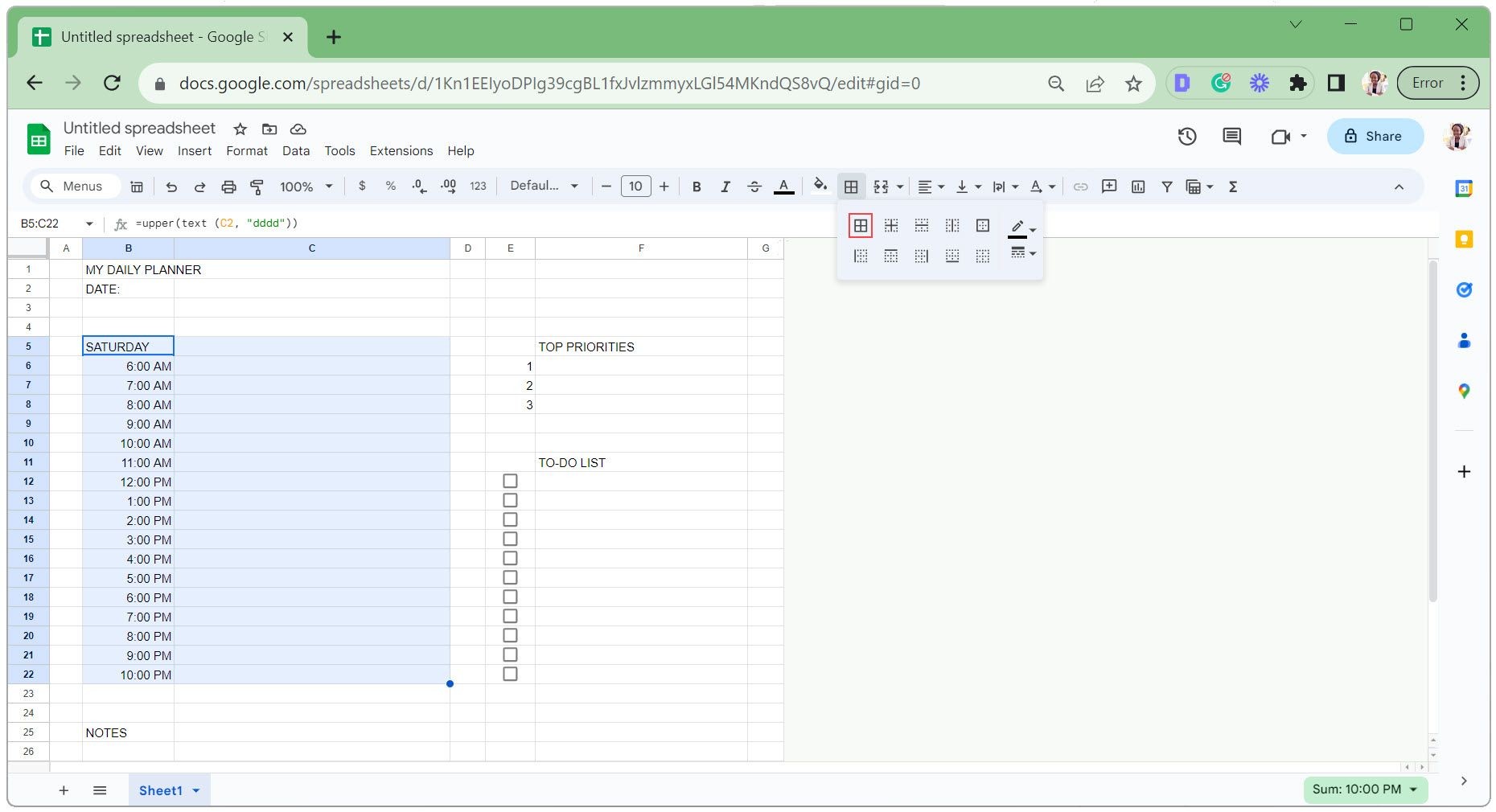 Áp dụng tất cả các đường viền cho phần lên lịch trong lịch trình số hóa Google Sheets