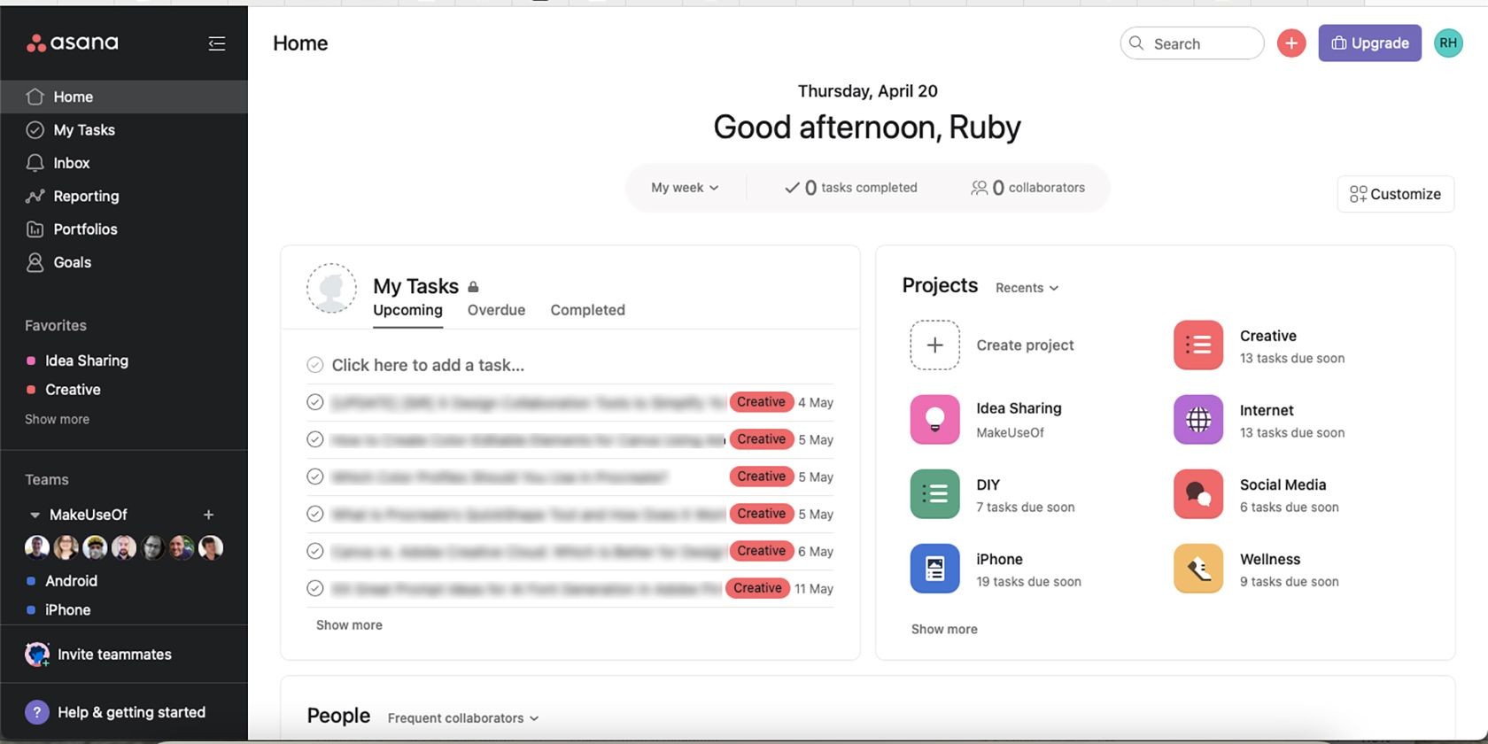 Asana task board.