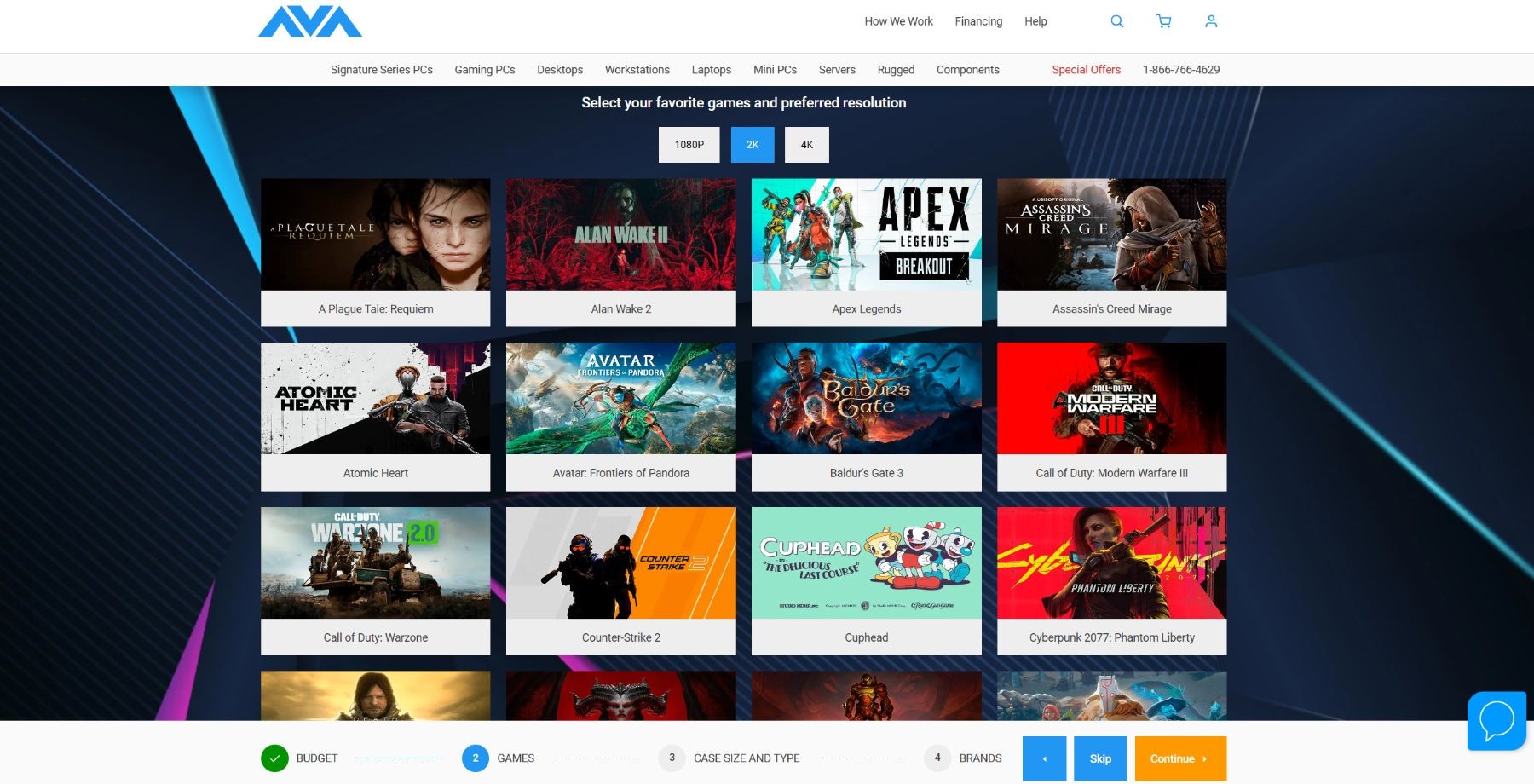 AVADirect xây dựng PC tùy chỉnh lựa chọn trò chơi và độ phân giải