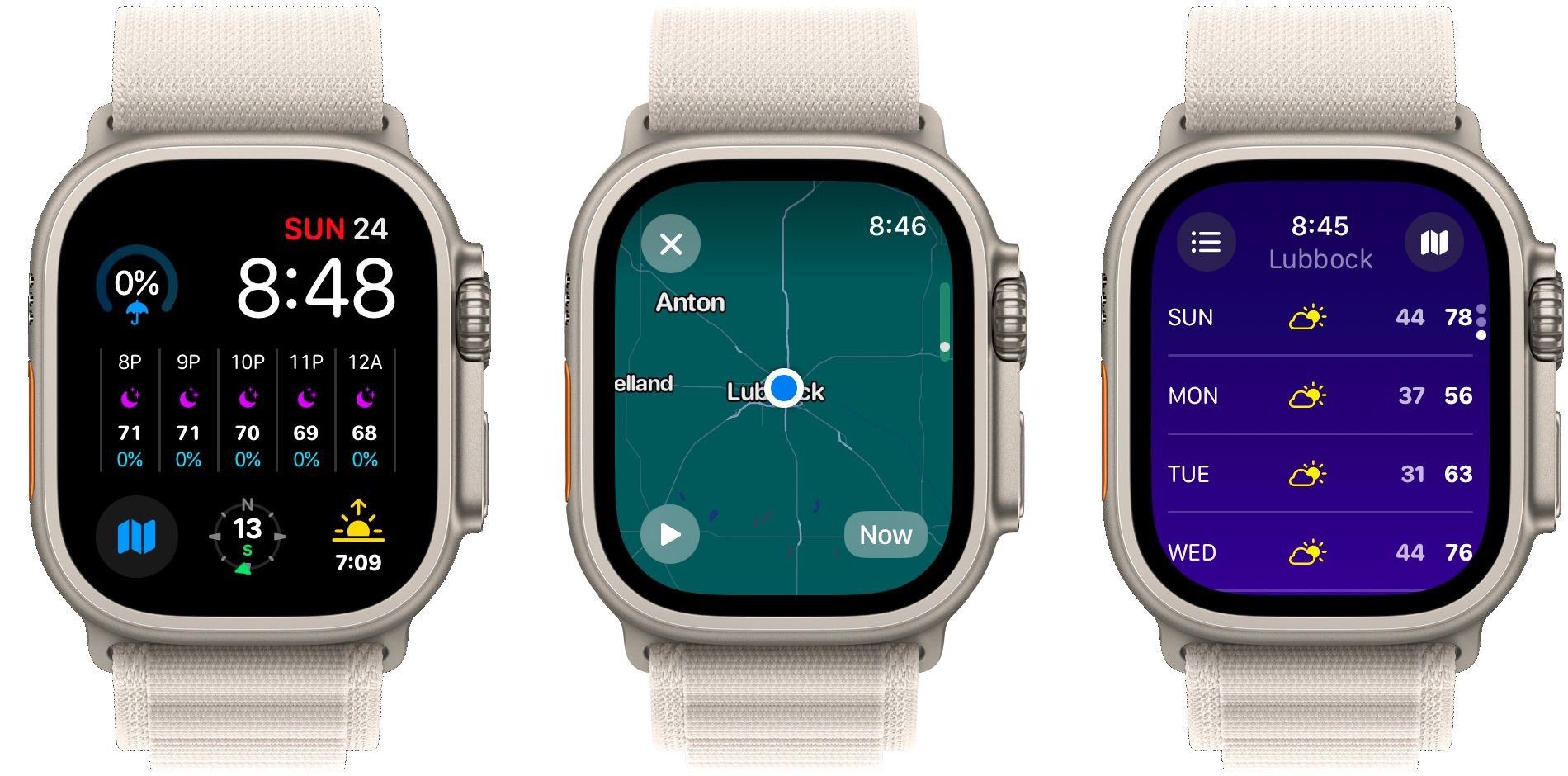 Ba màn hình của ứng dụng Carrot Weather trên Apple Watch