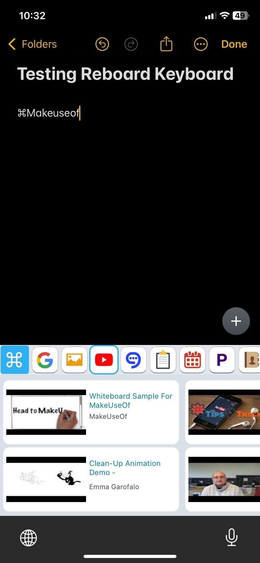 Bàn phím Reboard hiển thị kết quả tìm kiếm trên YouTube