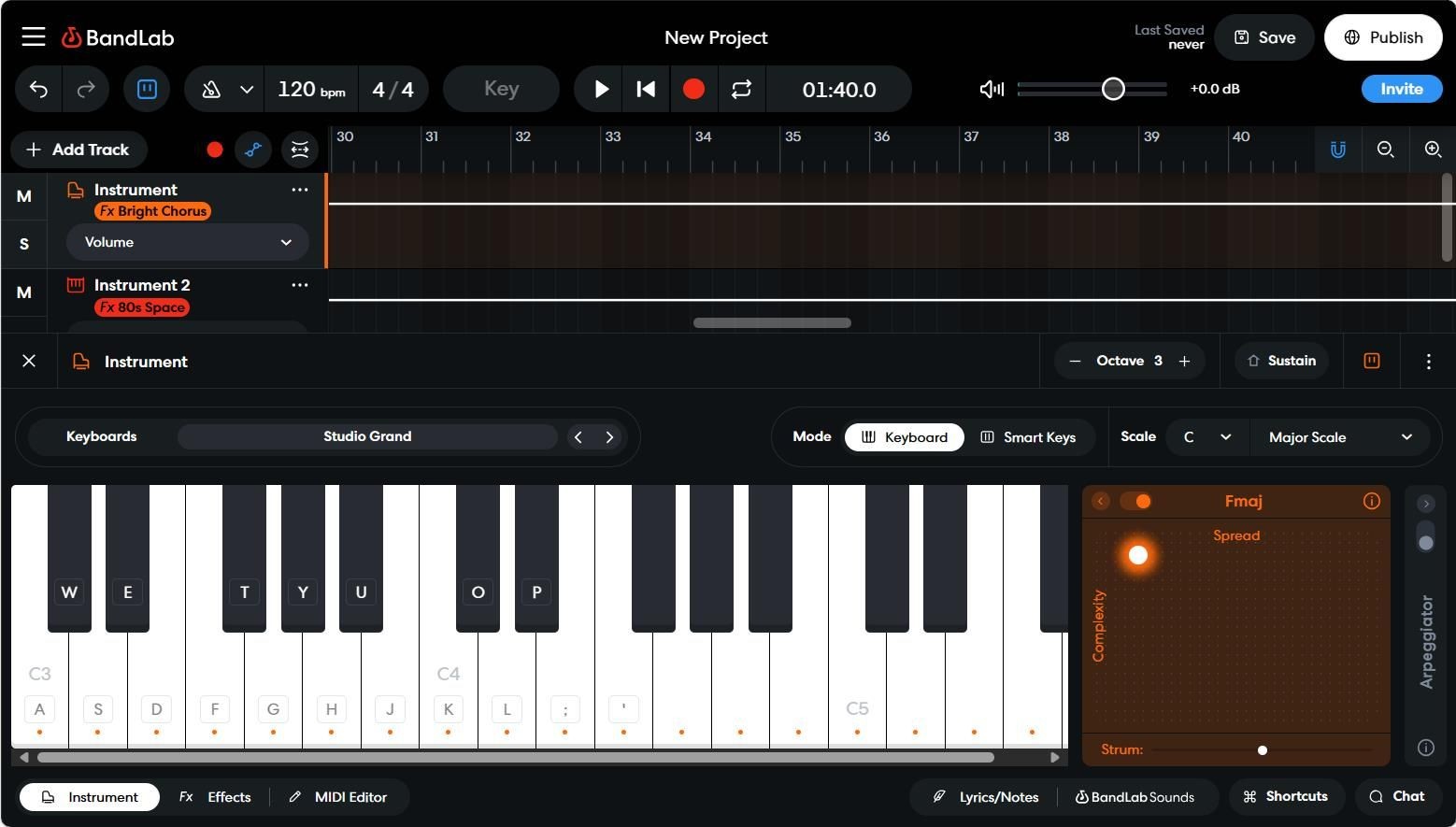 BandLab với dòng thời gian và bàn phím MIDI ảo