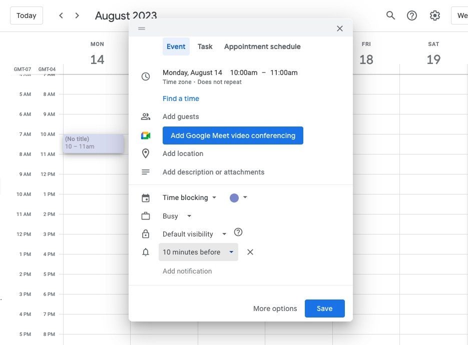 Bảng cài đặt sự kiện trên Google Calendar với nhắc nhở