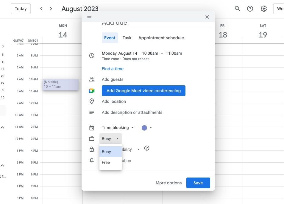 Bảng cài đặt sự kiện trên Google Calendar
