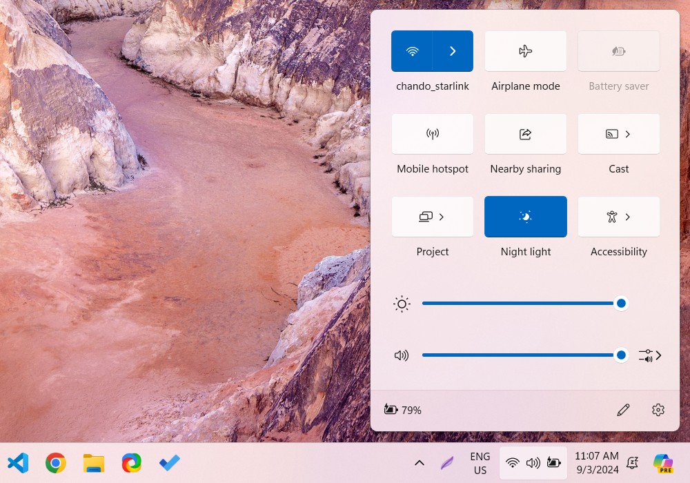 Bảng điều khiển Cài Đặt Nhanh trên Windows 11
