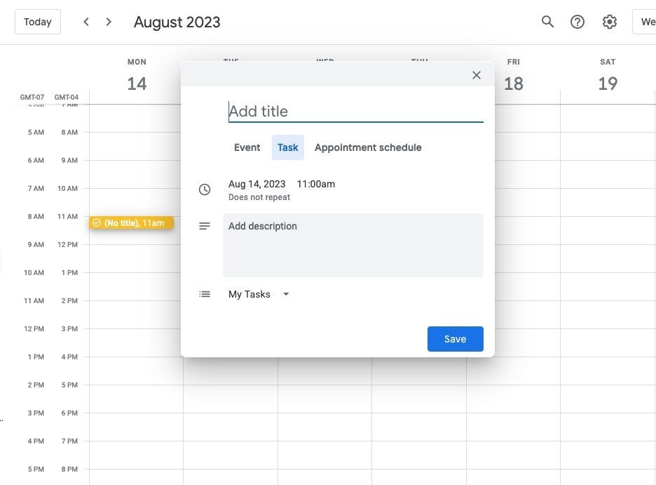 Bảng tạo nhiệm vụ trên Google Calendar