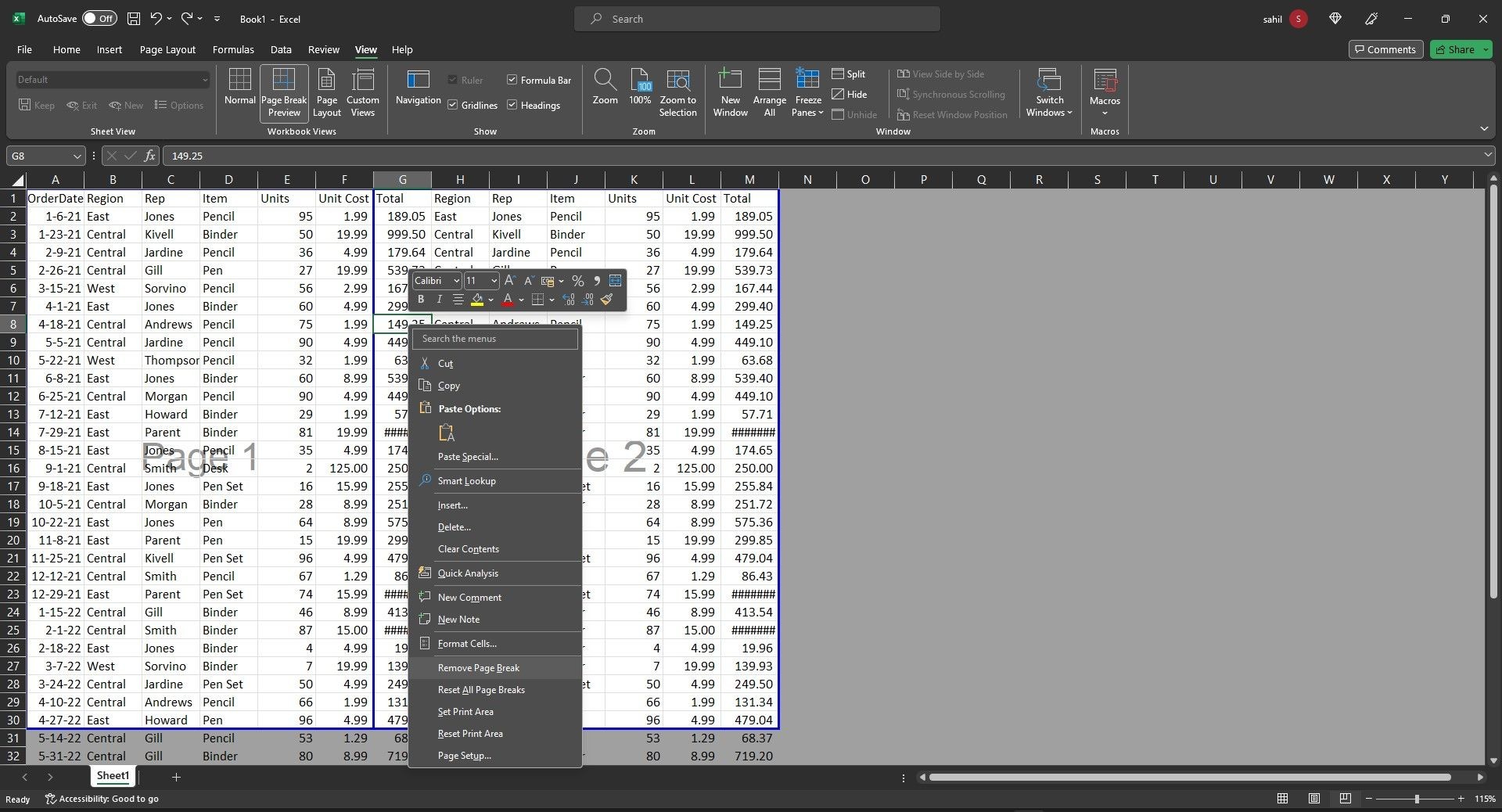 Bảng tính Excel hiển thị tùy chọn xóa Page Breaks trong tab Page Break Preview
