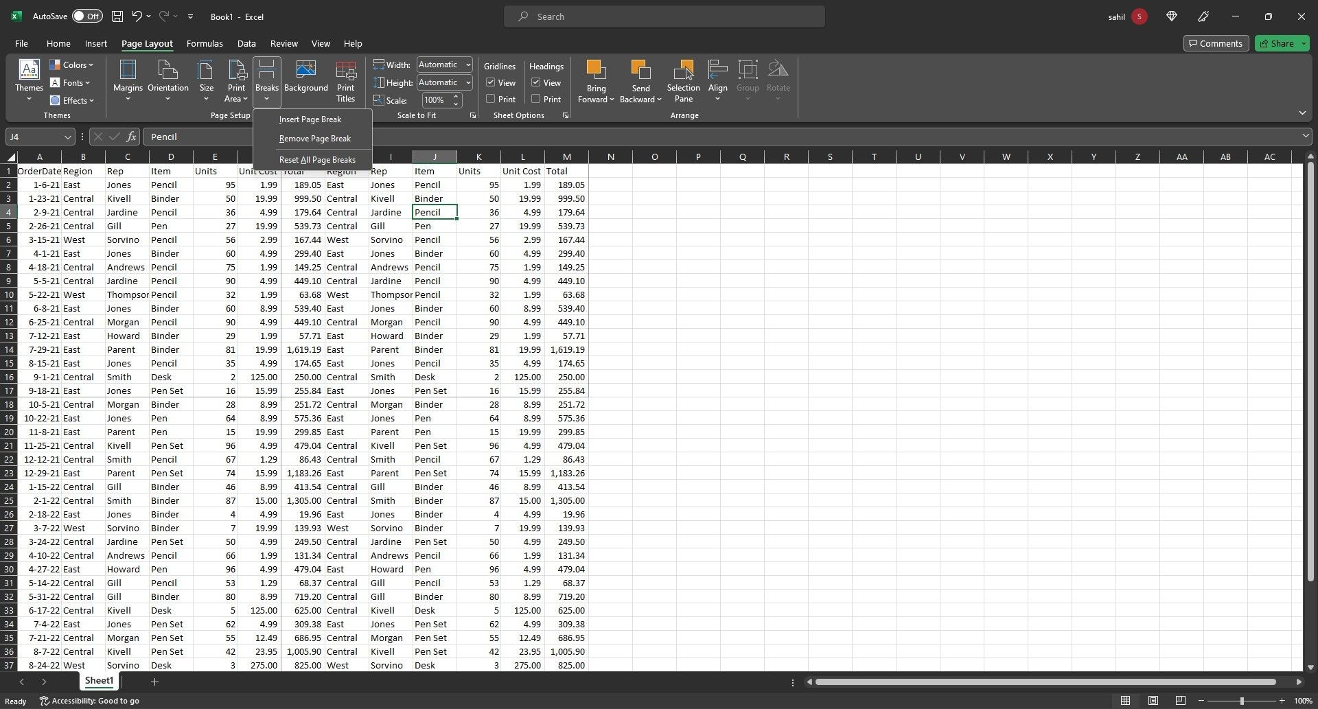 Bảng tính Excel với danh sách các tùy chọn Page Break