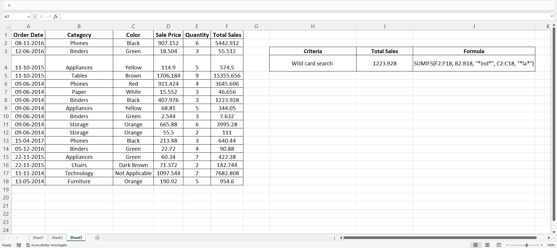 Bảng tính Excel với dữ liệu hiển thị việc sử dụng tìm kiếm ký tự đại diện