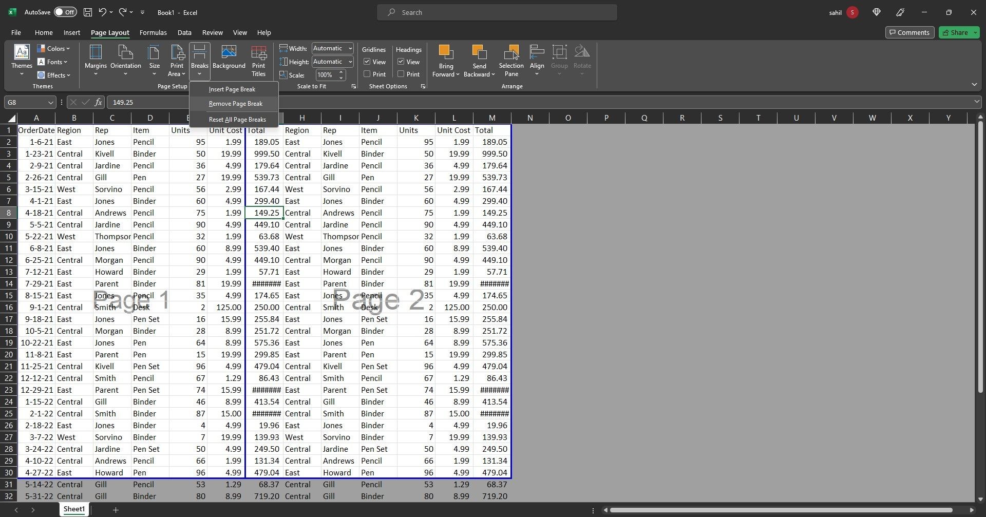 Bảng tính Excel với dữ liệu mẫu