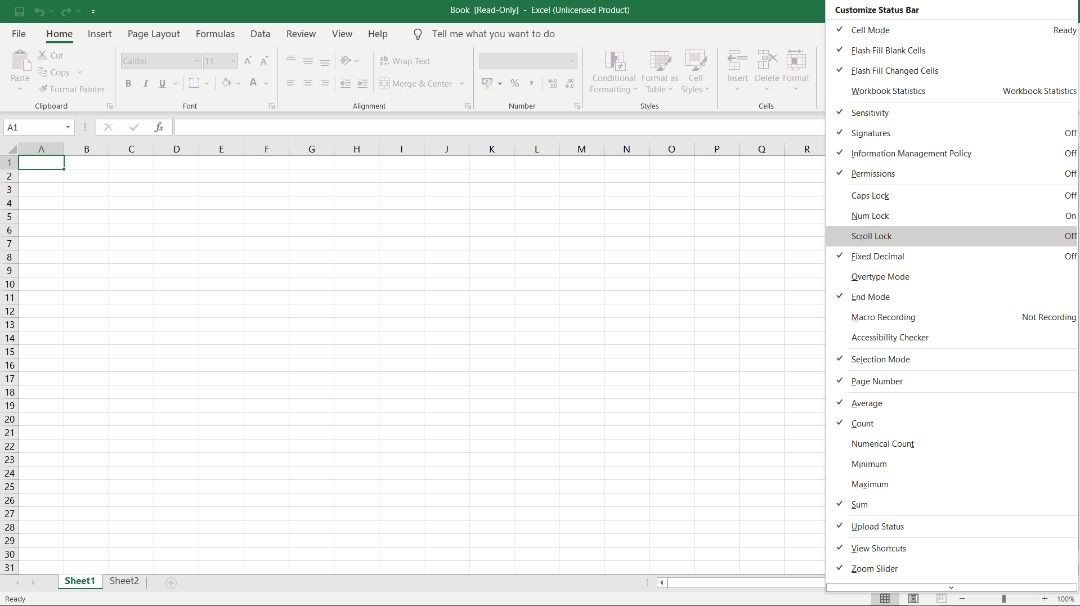 Bảng tính Excel với Scroll Lock được làm nổi bật