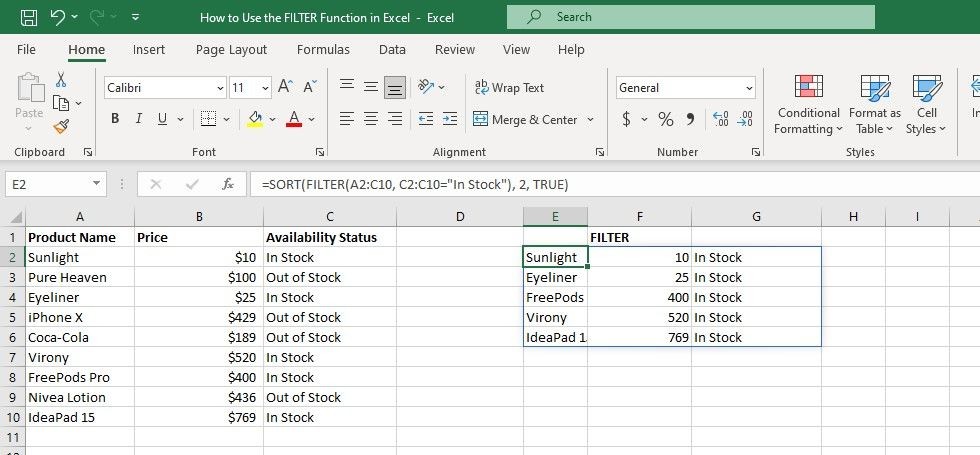 Bảng trong Excel hiển thị việc sử dụng hàm FILTER với hàm SORT