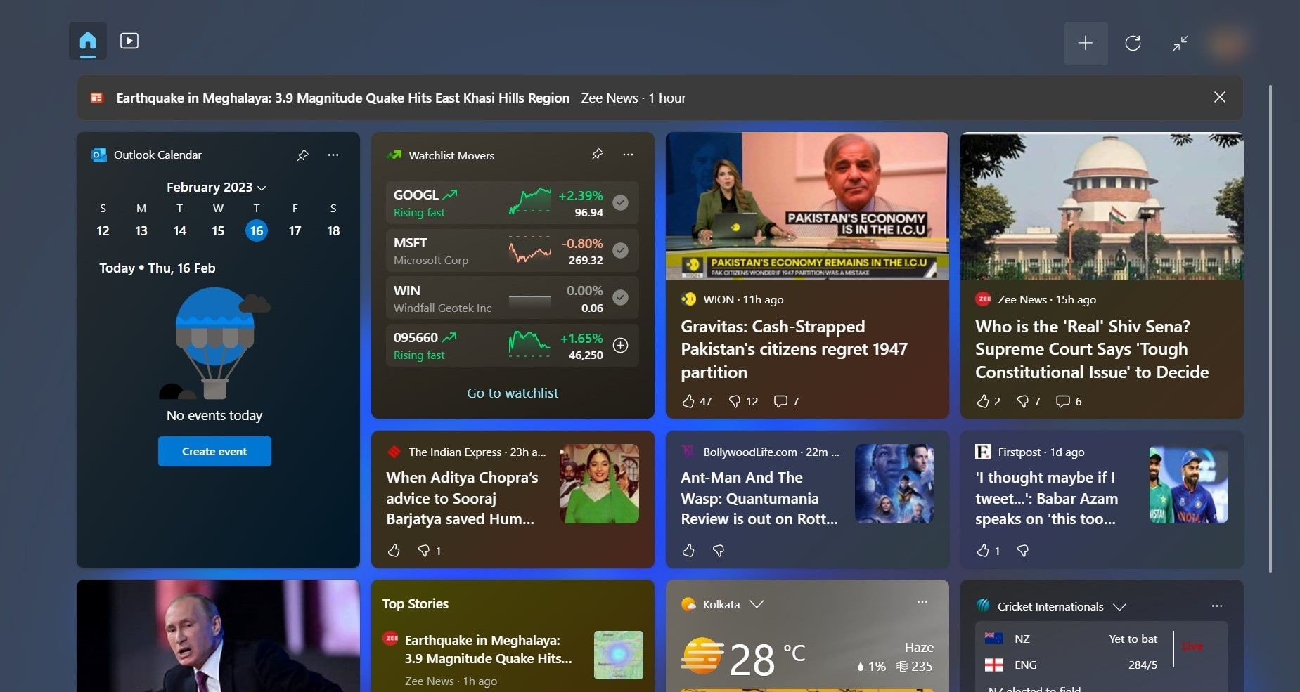 Bảng Widgets đầy đủ trên Windows 11