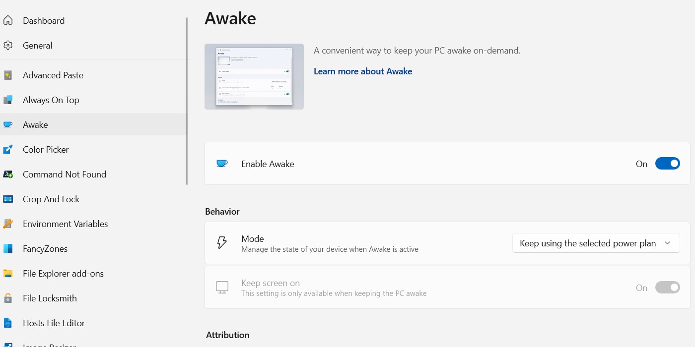 Bật chế độ Awake trong PowerToys trên Windows.