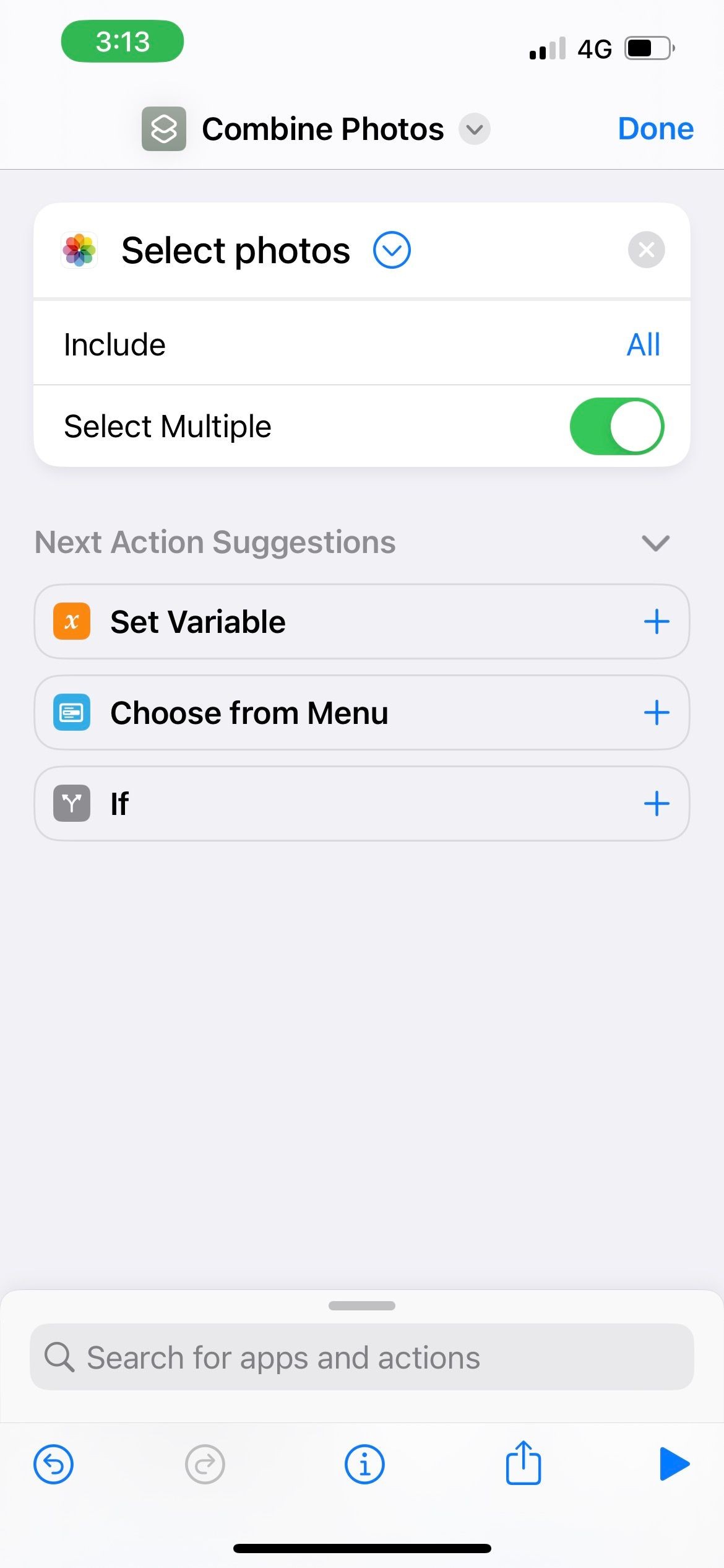 Bật chọn nhiều trong hành động Chọn Ảnh của phím tắt iPhone