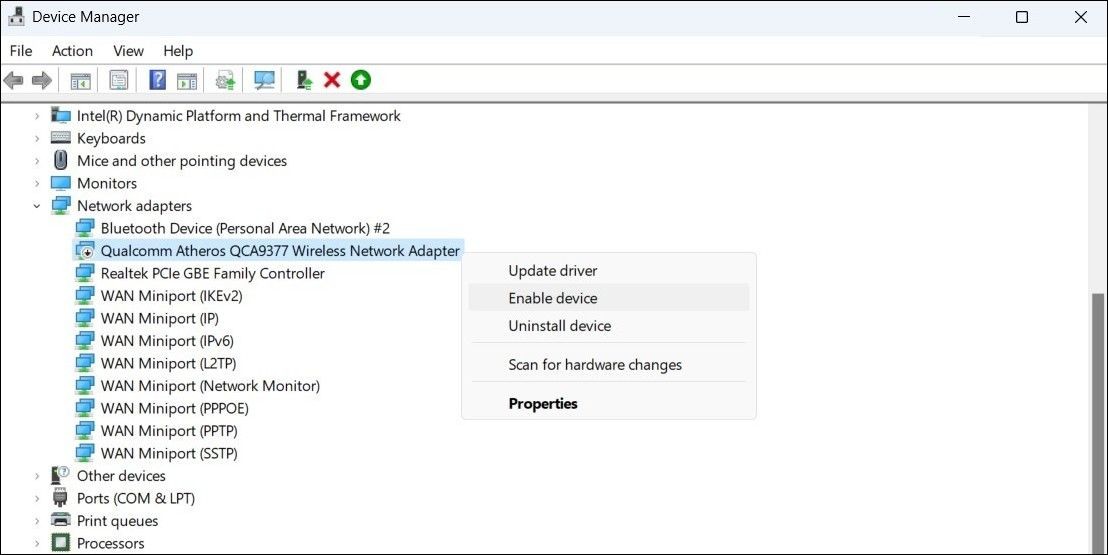 Bật lại driver adapter mạng trên Windows