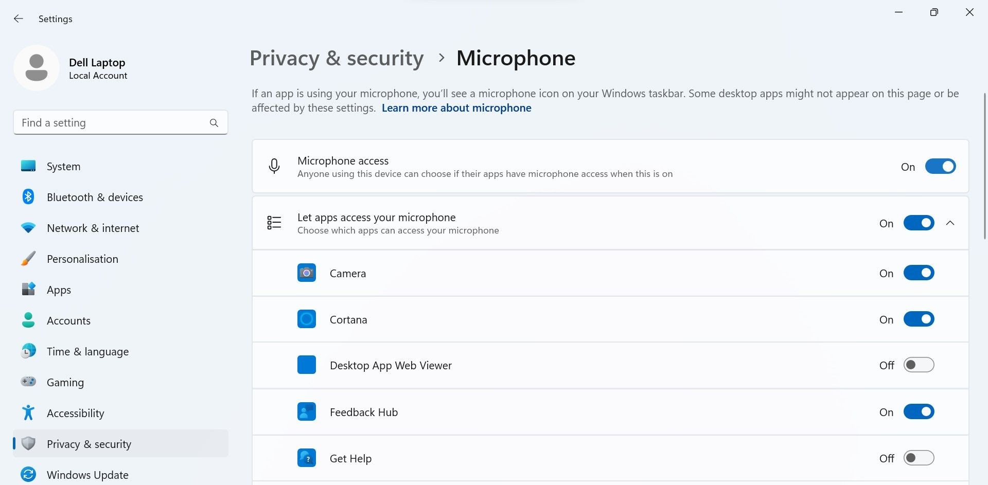 Bật quyền truy cập micro trong ứng dụng Windows Settings