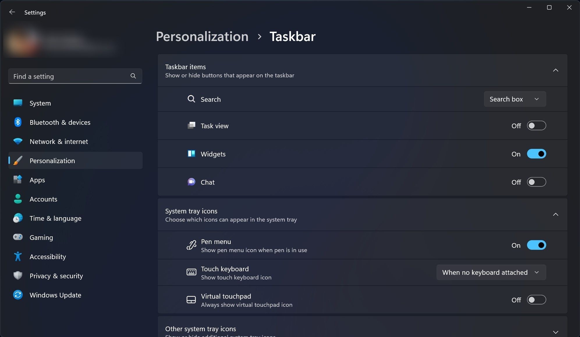 Bật Widgets từ cài đặt
