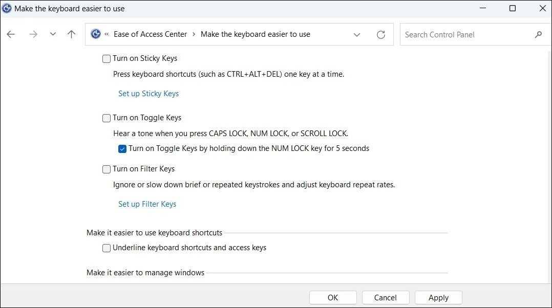 Bật/Tắt Filter Keys Qua Bảng Điều Khiển