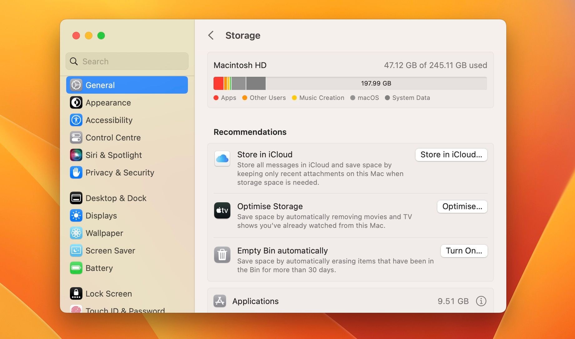 Biểu đồ Storage trong System Settings