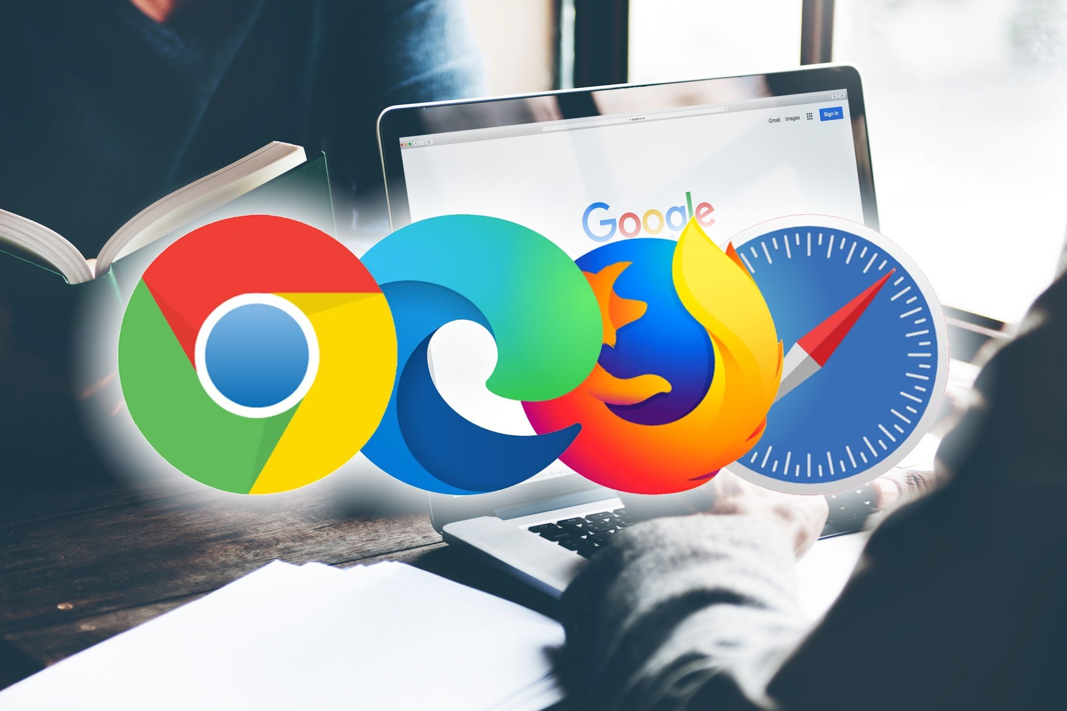 Biểu tượng Chrome, Edge, Firefox, Safari với laptop ở phía sau