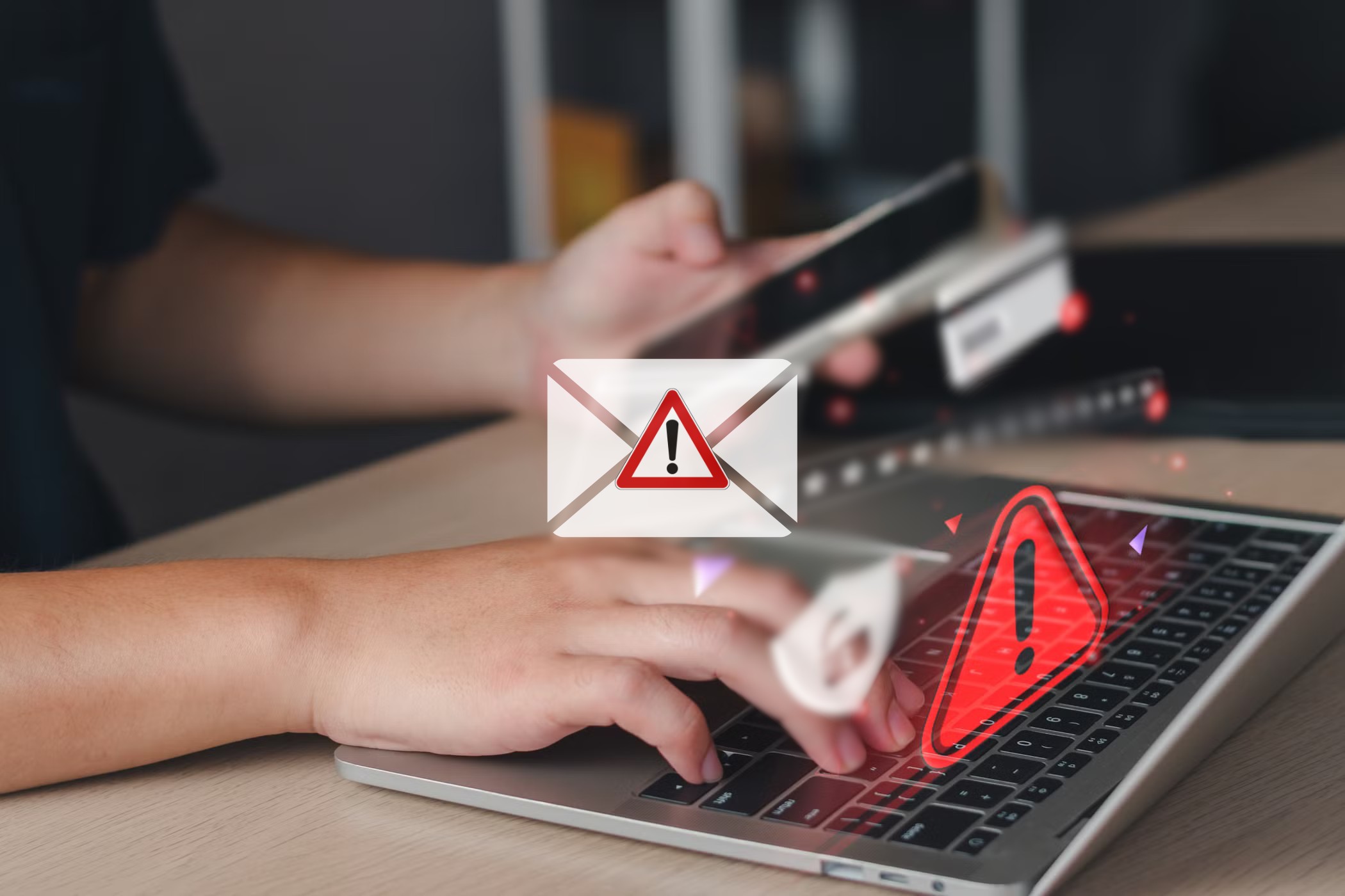Biểu tượng email lừa đảo với người dùng đang sử dụng laptop và điện thoại ở phía sau.