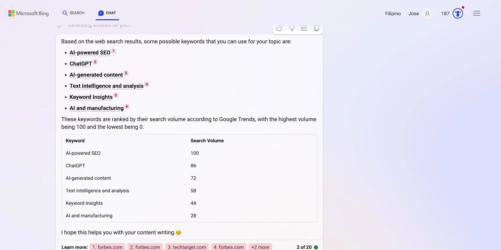 Bing Chat gợi ý từ khóa dựa trên chủ đề của bạn