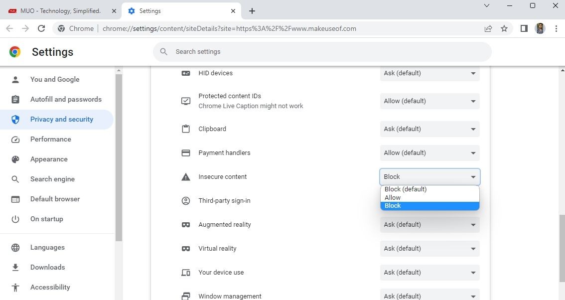 Block option in Chrome