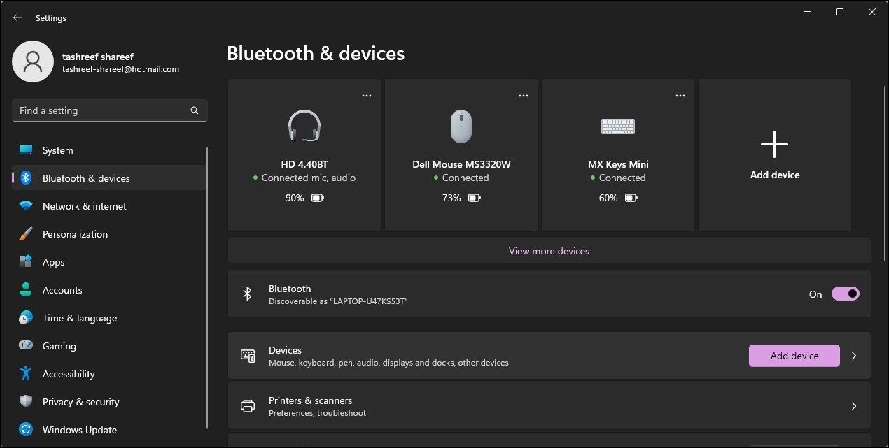 Bluetooth và thiết bị trong Cài đặt Windows 11