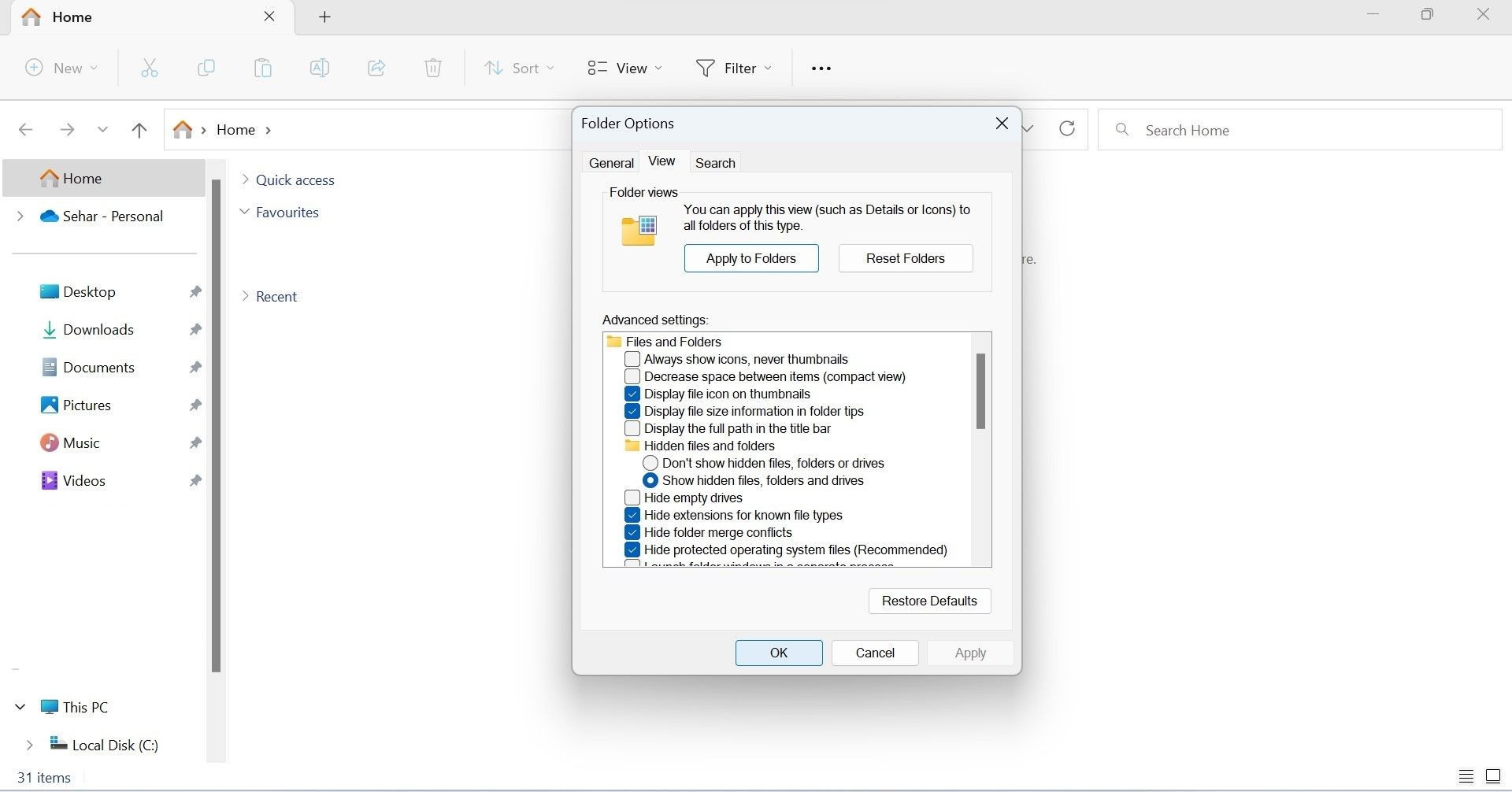 Bỏ chọn ô bên cạnh Always Show Icons Never Thumbnails trong Windows File Explorer
