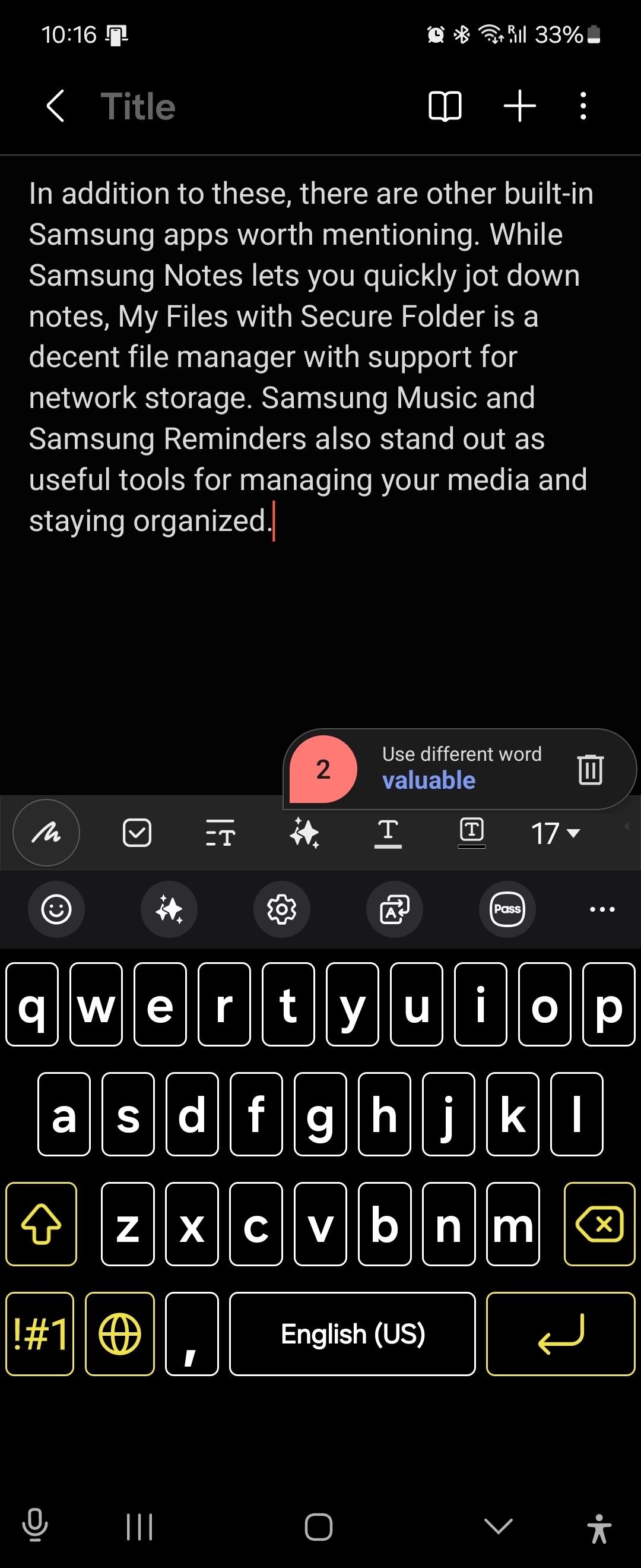 Bố cục Bàn Phím Samsung trong Samsung Notes