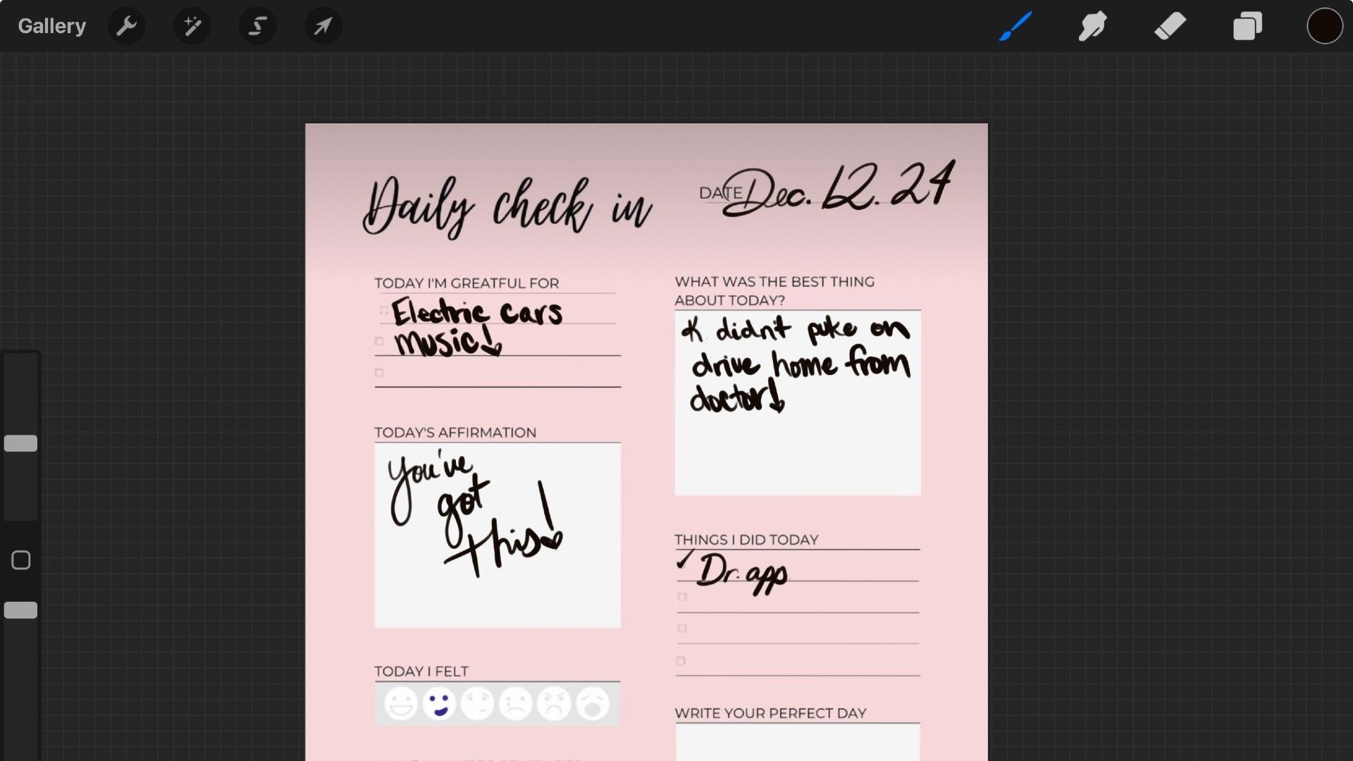 Bố cục nhật ký số hóa với chữ viết trên ứng dụng Procreate