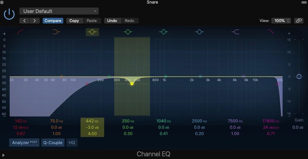 Bộ lọc để loại bỏ âm thanh bùn từ trống snare được làm nổi bật trong Logic Pro