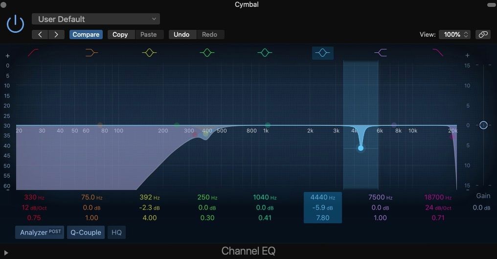 Bộ lọc để loại bỏ âm thanh xuyên thấu từ cymbals được làm nổi bật trong Logic Pro