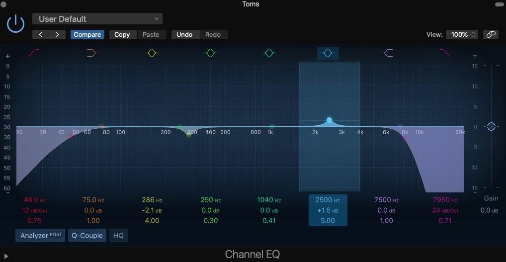 Bộ lọc để thêm tấn công và rõ ràng cho tom được làm nổi bật trong Logic Pro