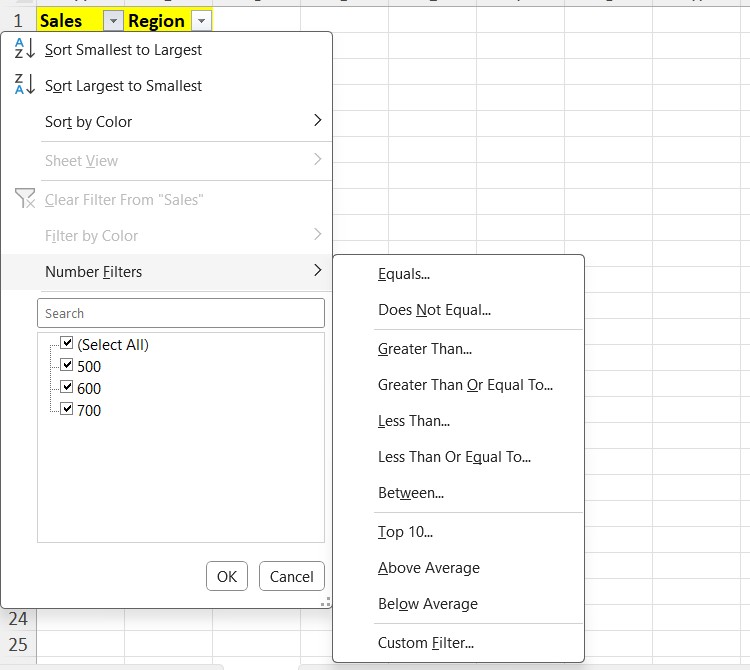 Bộ lọc số trong Excel