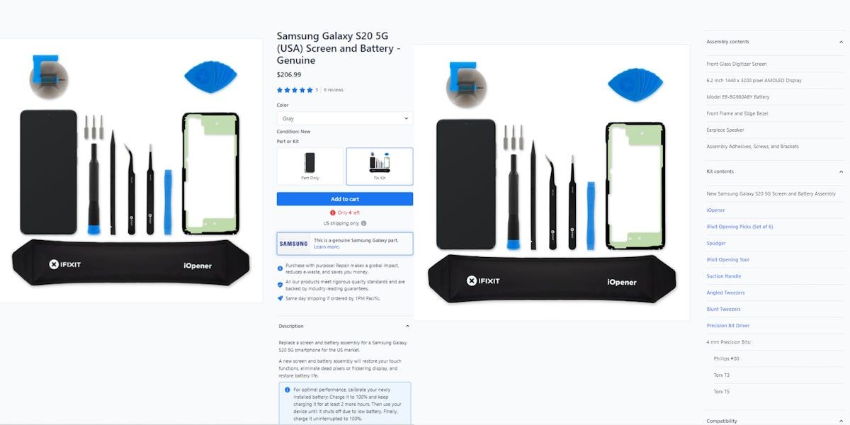 Bộ sửa chữa màn hình và pin Samsung S20 trên iFixit