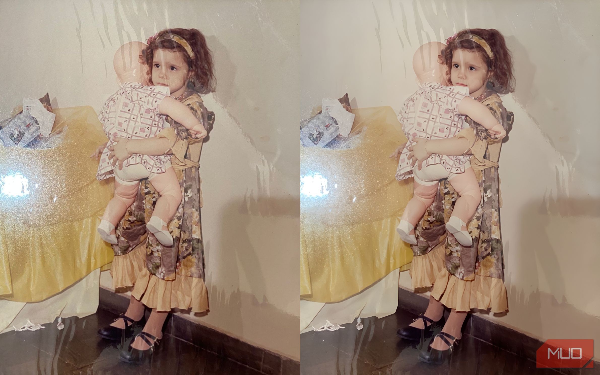 Bức ảnh cô gái với búp bê trước và sau khi được AI cải thiện