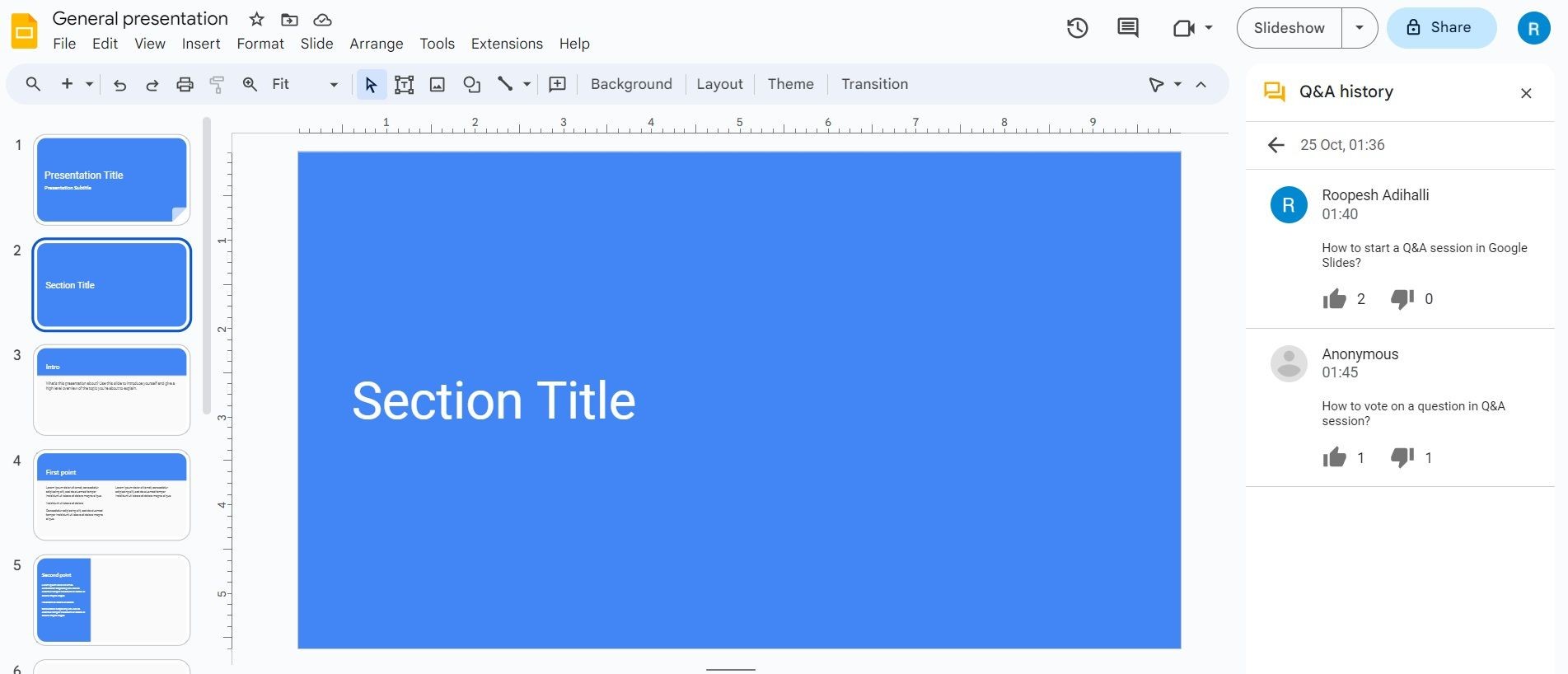 Các câu hỏi trong phiên Hỏi Đáp được hiển thị trong Google Slides