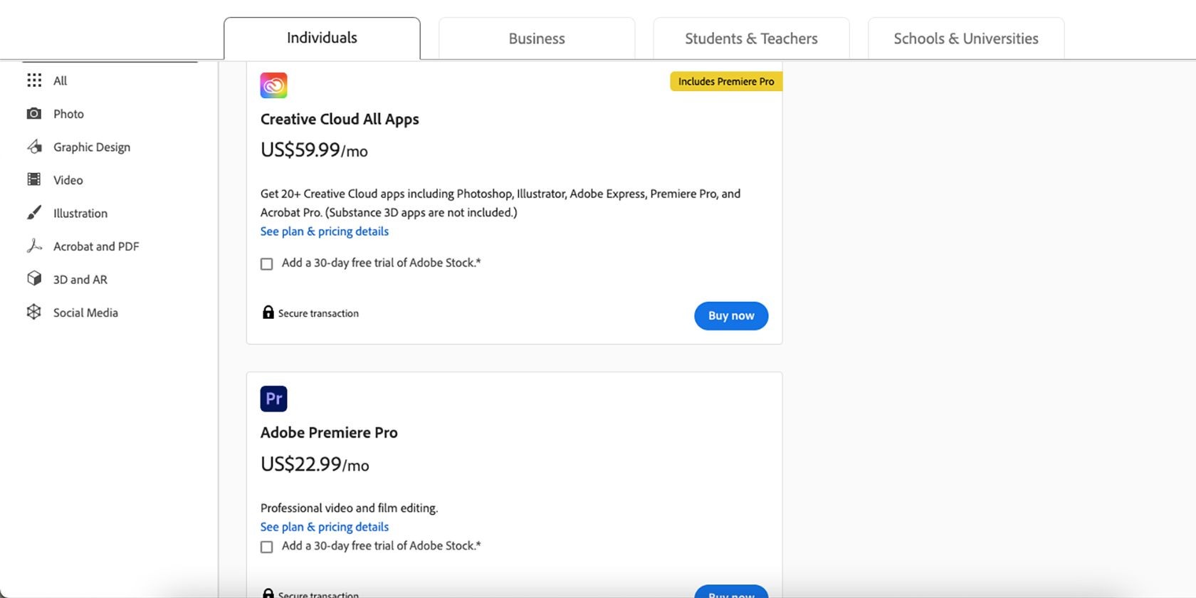 Các gói giá thuê bao của Adobe