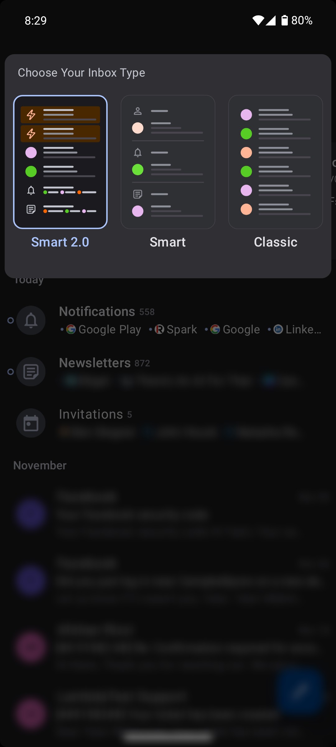 Các loại chế độ xem trong ứng dụng Spark Mail trên Android