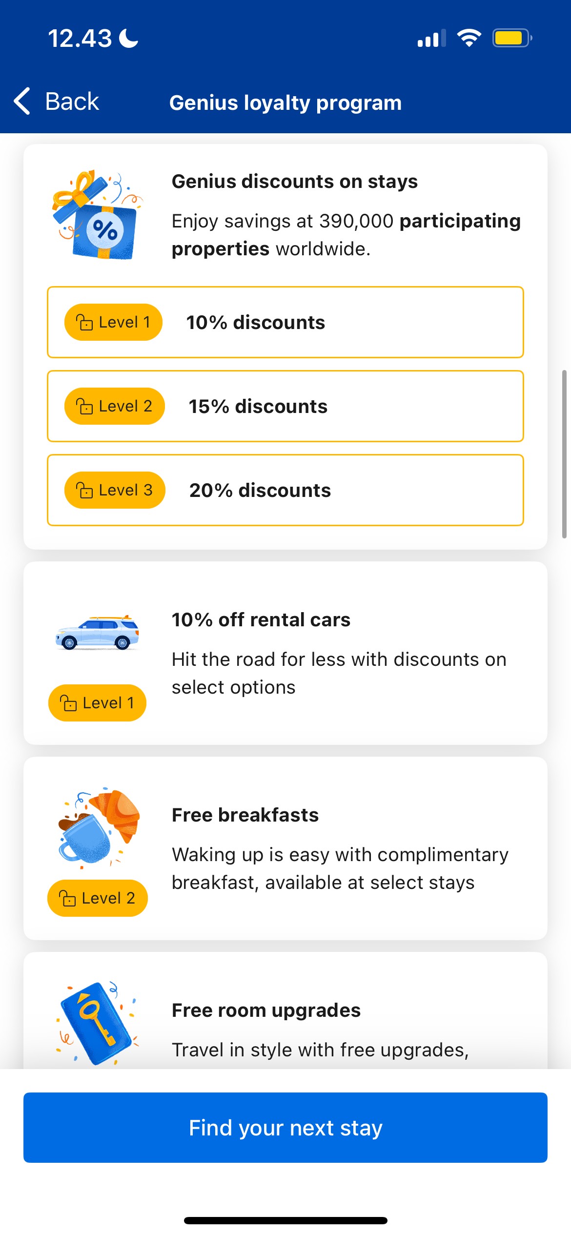 Các lợi ích khác nhau của chương trình khách hàng thân thiết trên ứng dụng Booking.com