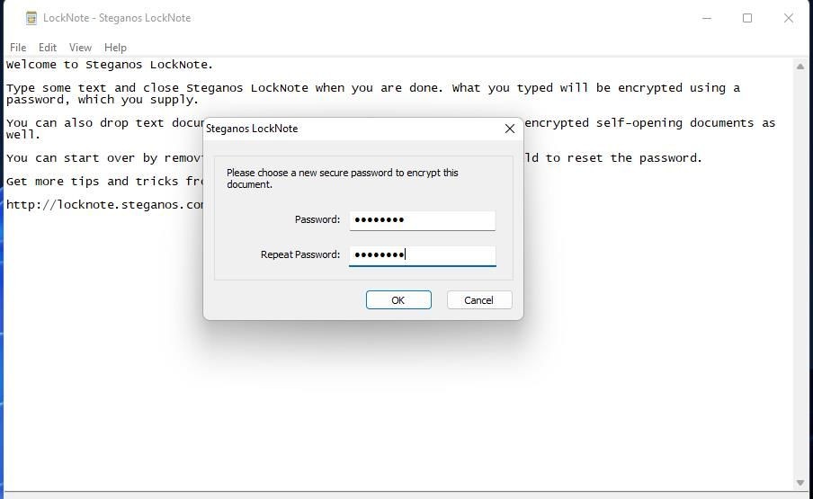 Các ô thiết lập mật khẩu trong LockNote